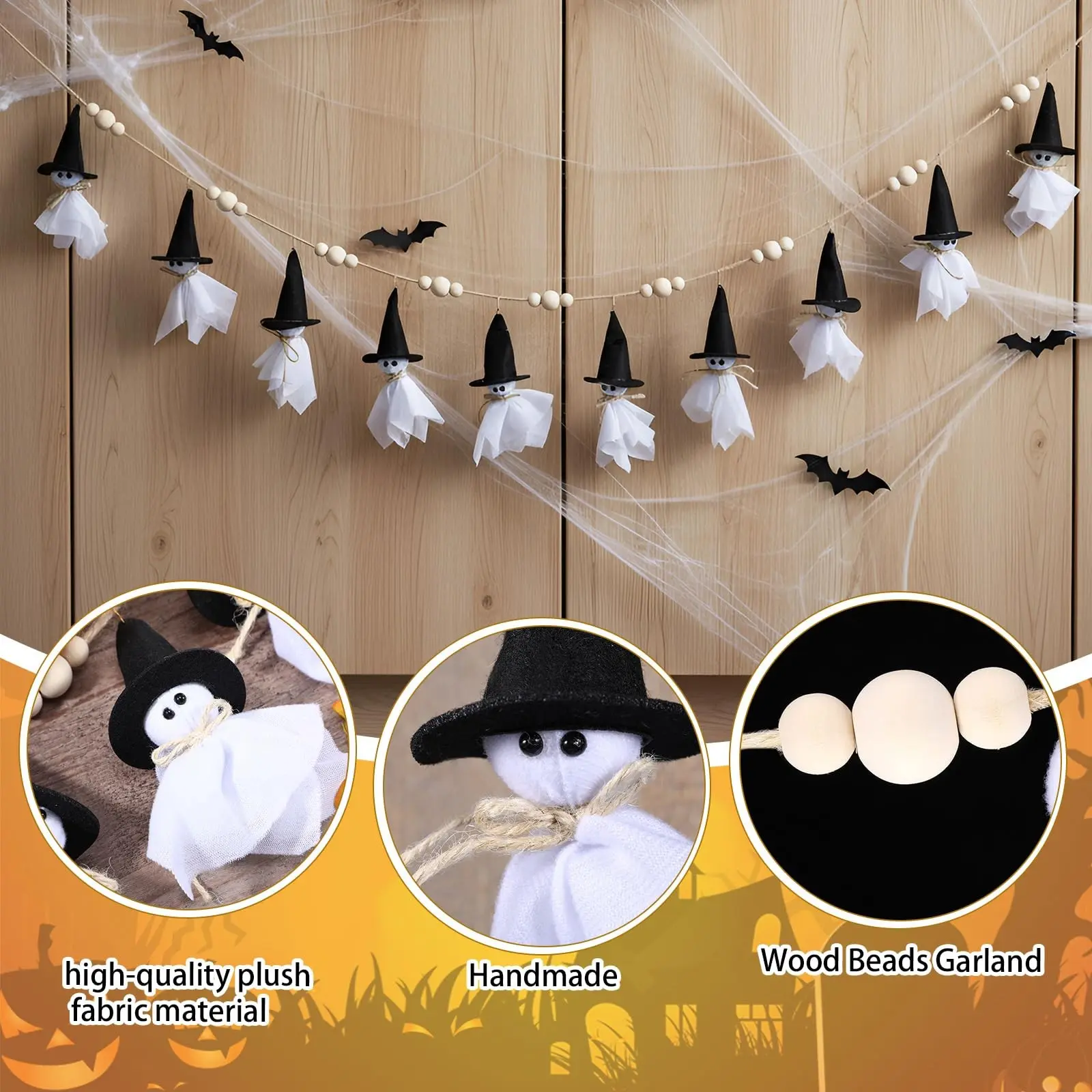 Halloween Wreath Cute Witch Hat Ghost Wood Bead Wreath Farmhouse Style Rural Halloween Banner for Wall, Haunted House Party, Outdoor Decor