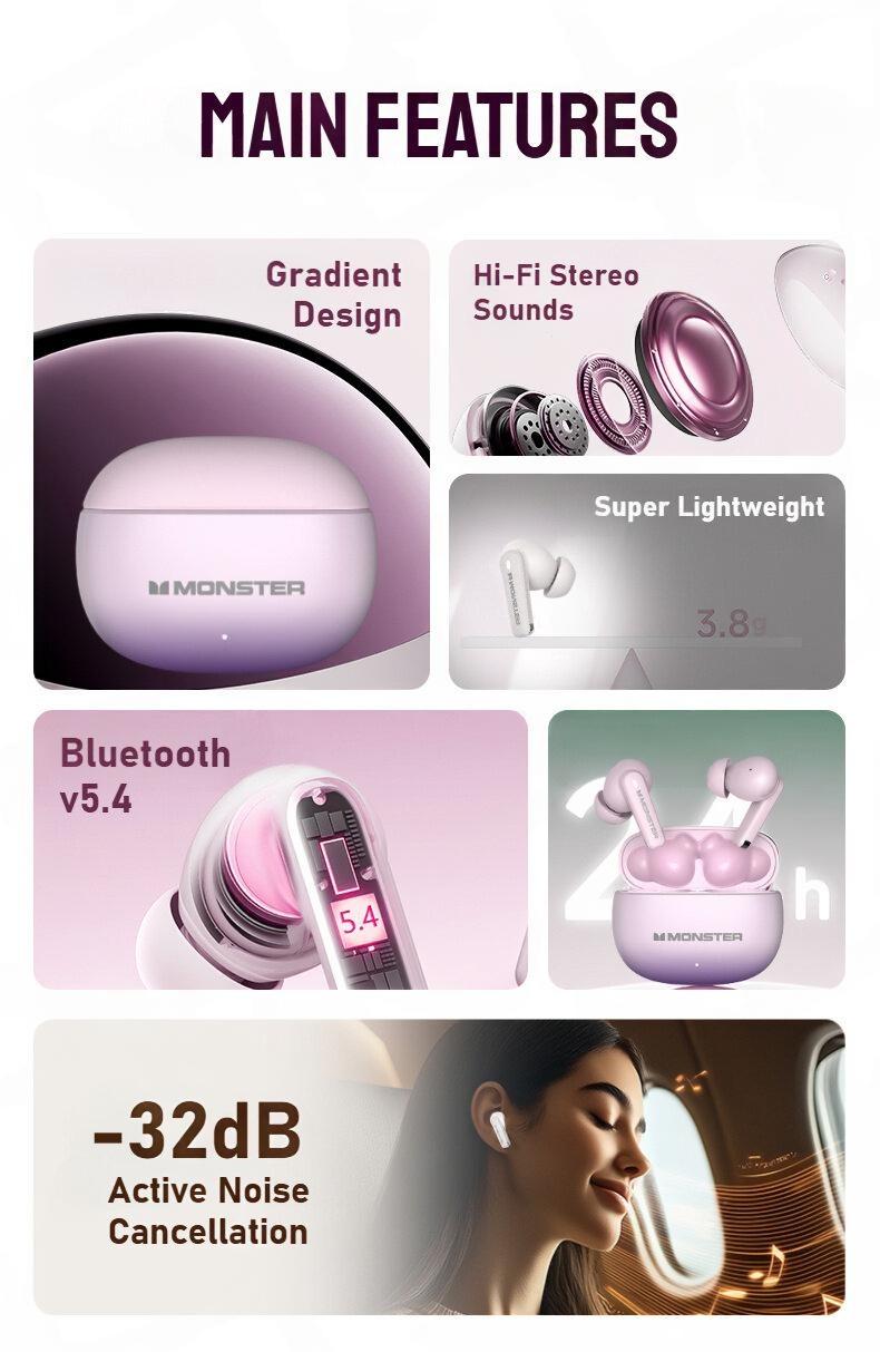 Monster XT02 TWS Wireless Earphone ANC+ENC Noise Cancelling Waterproof Long Endurance HD Call Earbud