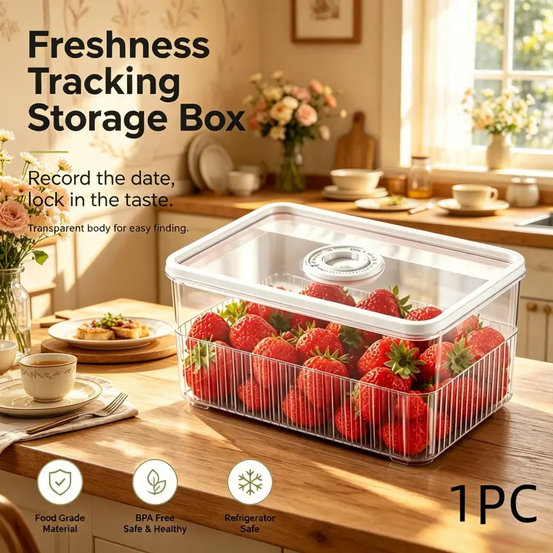 Airtight Clear Fridge Storage Bin with Freshness Tracking Dial, Fridge Organization, Stackable Design to Maximize Fridge Space, Ideal for Family Weekly Grocery Prep and Long-Term Food Fresh-Keeping
