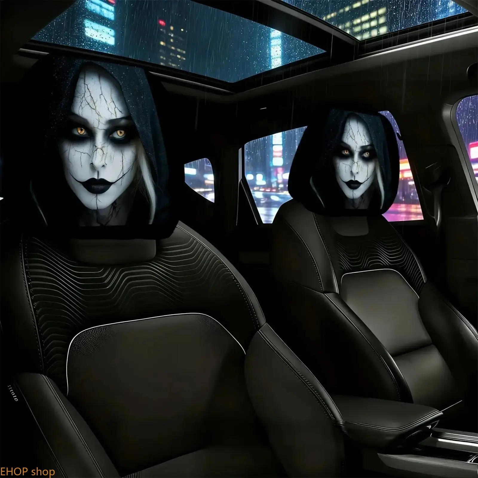 Universal Fit Headrest Covers, Cracked Mask Print Seat Headrest Protectors, Fun Stylish Car Interior Accessories Suitable for Daily Use and Long-Distance Travel