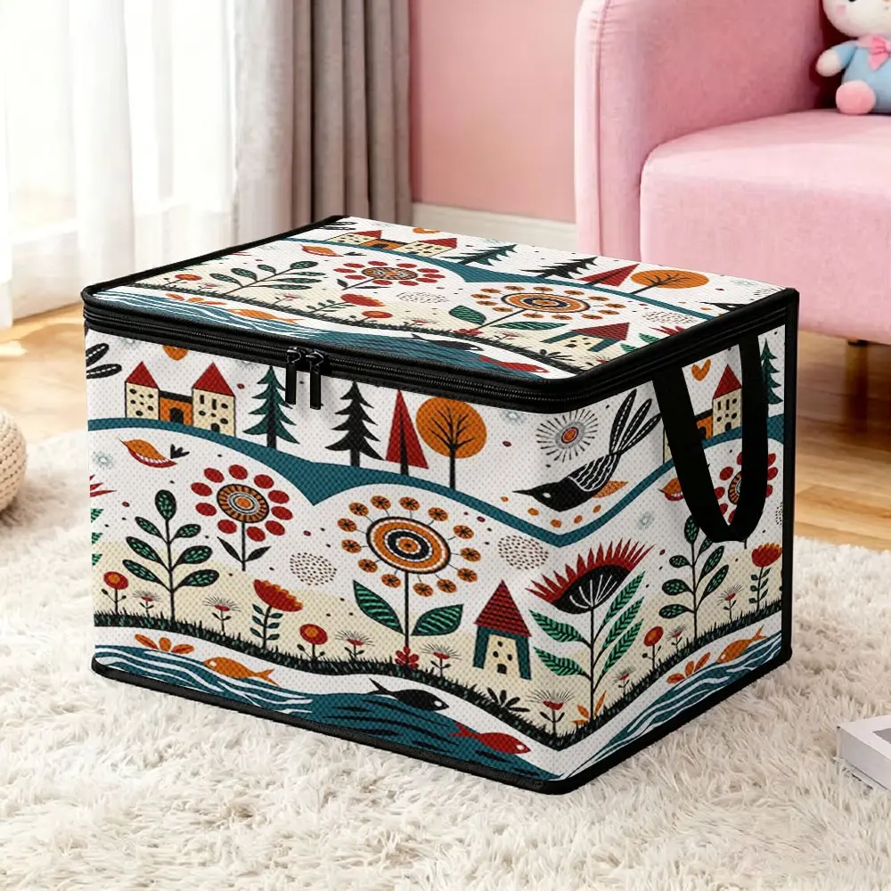Retro pastoral illustration printed fabric storage box, foldable waterproof non-woven storage bag with double zippers and handles, household wardrobe organizer for quilts and clothes, storage case for toys and sundries in living room