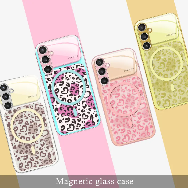 Suitable for【Galaxy S23 Fe】Vibrant Y2K Dopamine Leopard Print Magnetic Mag‑Safe Glass Phone Case, Shockproof Protective Hard Cover----9435