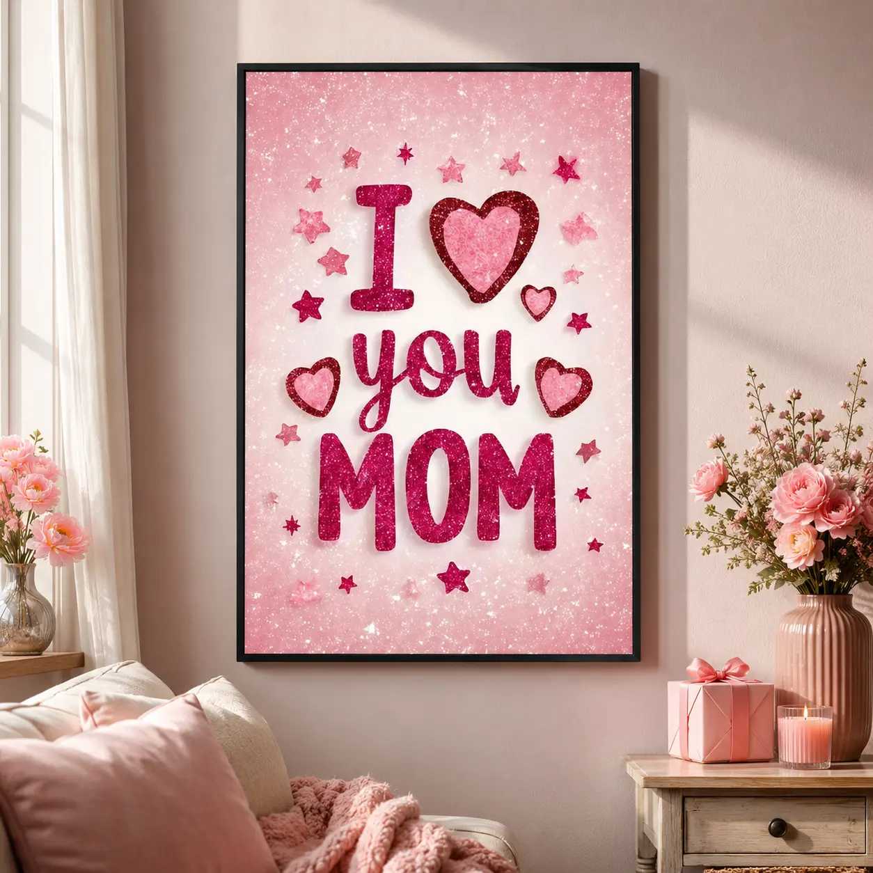 Large "I Love You Mom" Framed Canvas Wall Art Decor, Pink Glitter Posters and Prints, Modern Typography Canvas Artwork, Heartfelt Family Aesthetic Painting for Bedroom Living Room Home Decor, Mother’s Day Birthday Gift verse Vintage Lyric outdoor