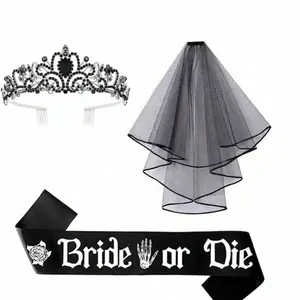 This three-piece bridal set includes a black bridal veil, crystal tiara, hair comb, and ribbon. It's perfect for a bachelorette party or bachelorette party and is suitable for black wedding décor.