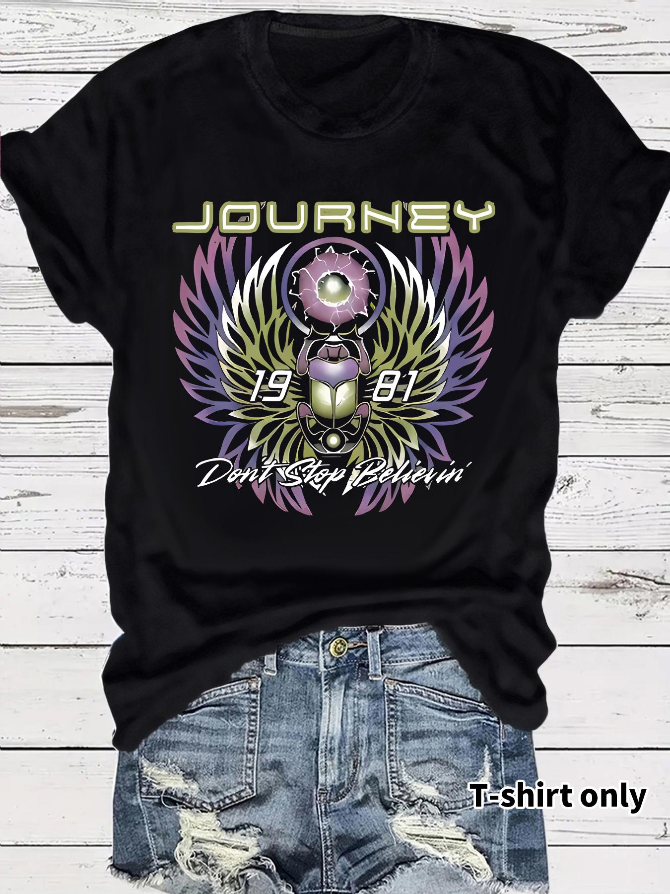 Women's Journey Don't Stop Believin' Print Round Neck Graphic Tee, Vintage Trendy Casual Short Sleeve Crewneck T-shirt for Daily Wear, Ladies Summer Outfit