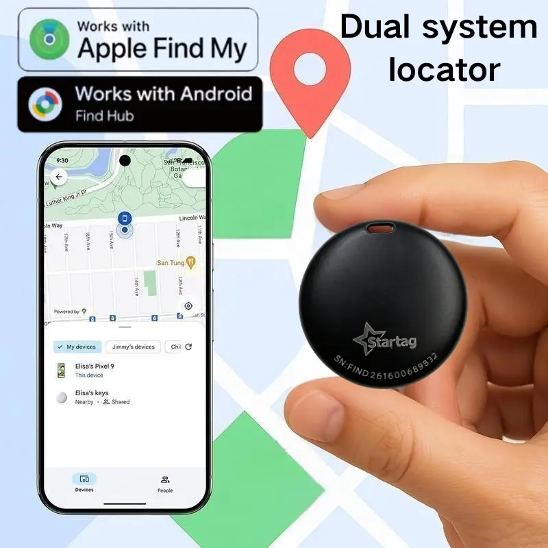 Dual system globally compatible tracker. This product is compatible with Android and Apple Find My network, and is an anti loss positioning device suitable for tracking items such as cars, wallets, pets, luggage, etc.