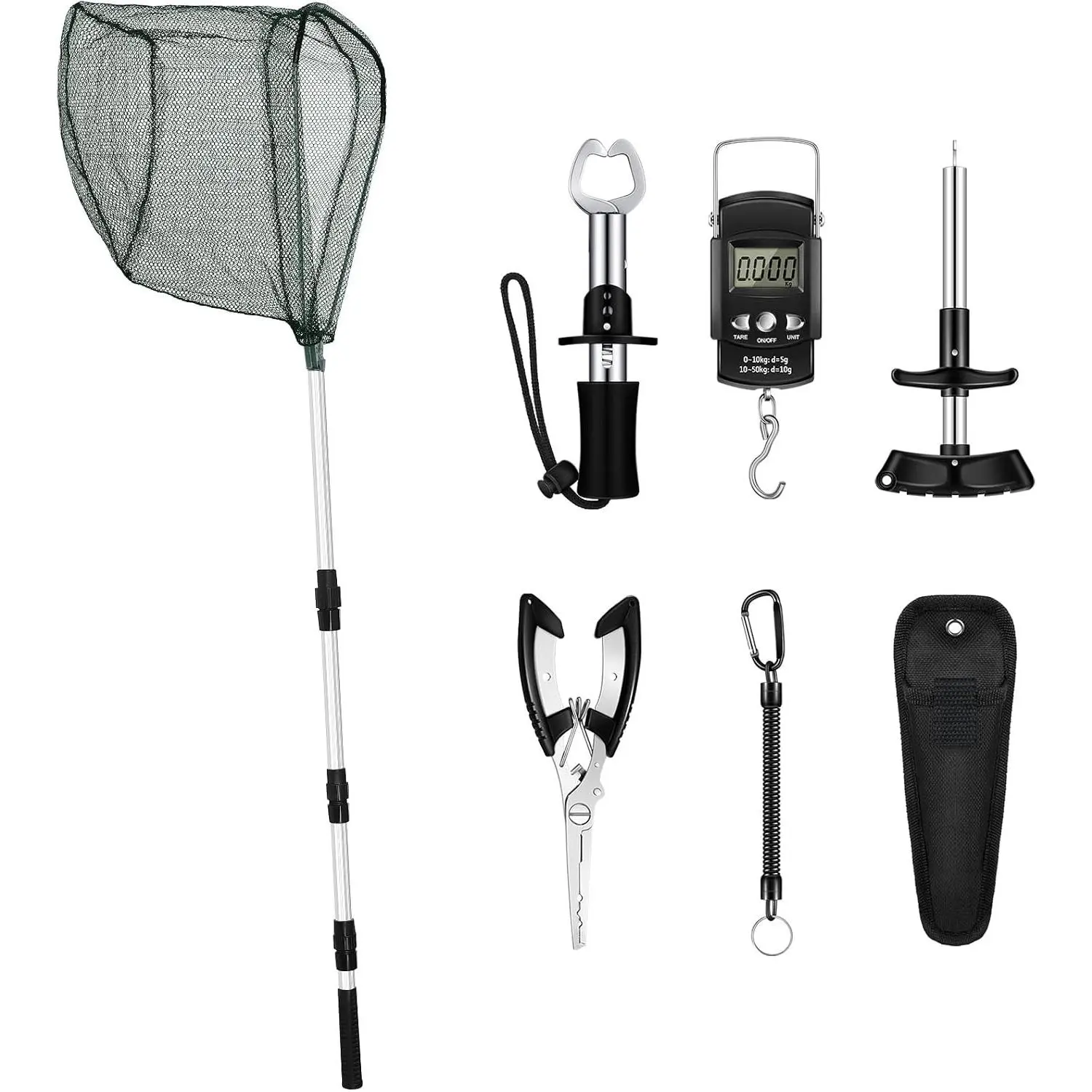 7 Pcs Fishing Gear and Equipment Fishing Net Tool Kit for Boys Men Fish Accessories Include Foldable Landing Net Hook Remover Tool, Digital Scale, Lanyard Beginners Gifts(51.2 Inches,Black)Gift.