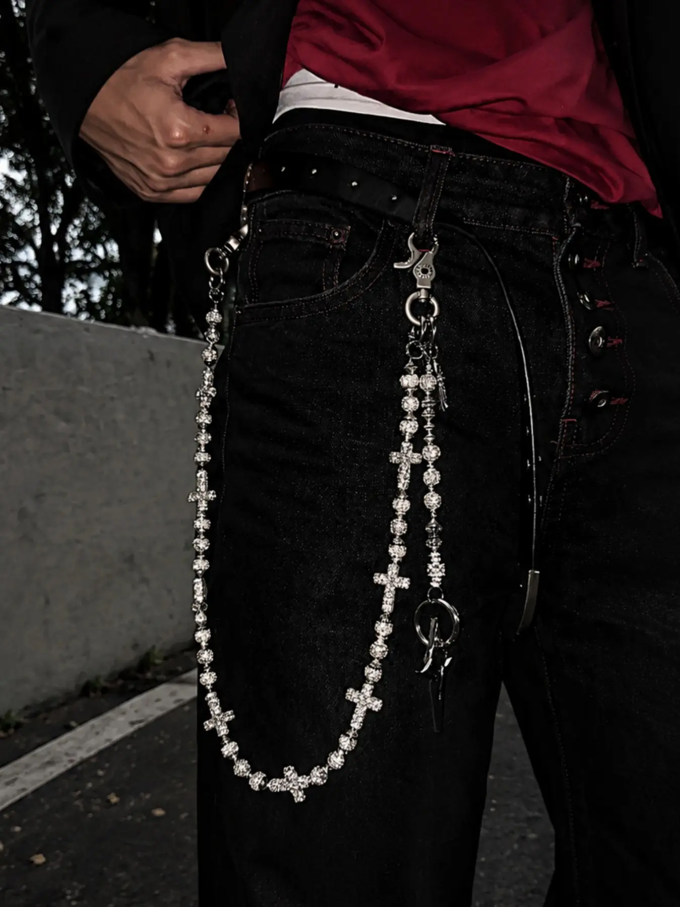 Silver Color Rhinestone Cross Pants Chain, Punk Gothic Street Fashion Accessory, Unique Hip Hop Denim Belt Loop Charm, CZ Bling
