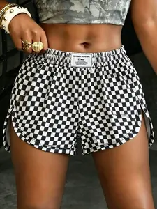 Black & White Checkerboard High Waist Shorts Women Casual Baggy Loose Elastic Waist Sports Shorts Summer Beach Loungewear