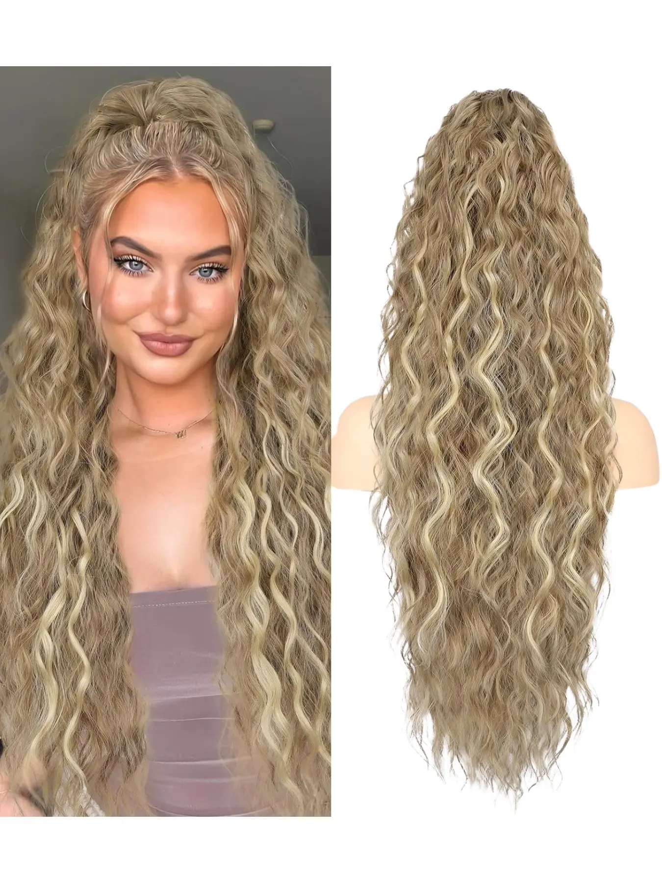 30 inch grab clip ponytail with extended curly hair, long wavy ponytail made of synthetic fiber, thick and fully curled hair with a natural appearance. The safety clip is lightweight and soft, suitable for women's daily party role-playing.