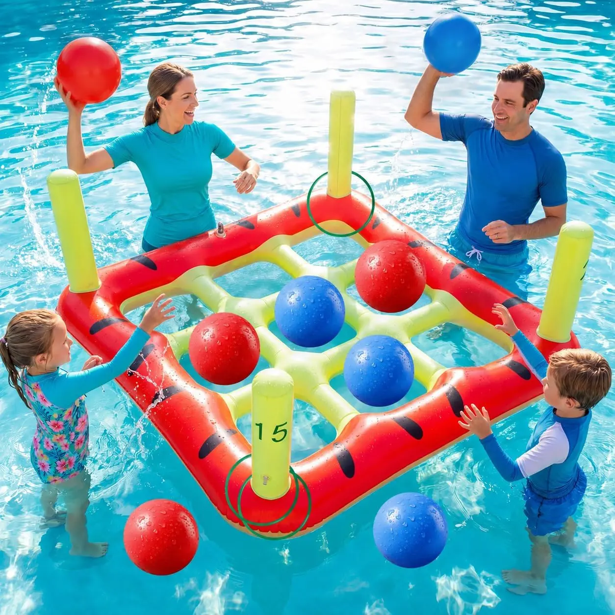 Pool Toys Set - 2-in-1 Giant Inflatable Tic Tac Toe Game & Ring Toss with Combined Inflation & Water Filling Valve for Adults Kids Family - Outdoor Shallow Water Beach Yard Activities