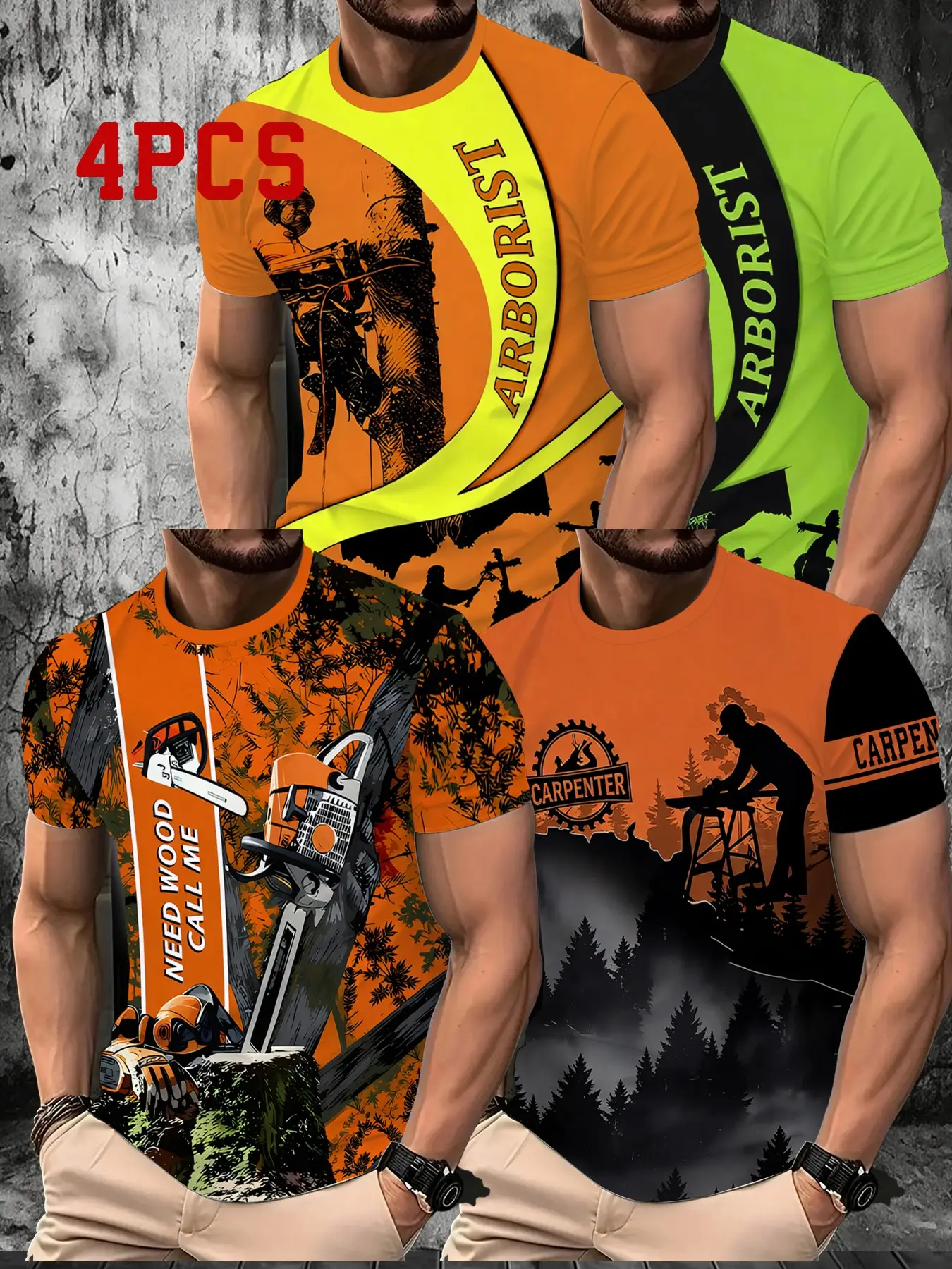 4-Pack Men's Short Sleeve T-Shirts, Outdoor Lumberjack Silhouette Digital Print, Fluorescent Safety Color, Casual Streetwear Workwear Tops