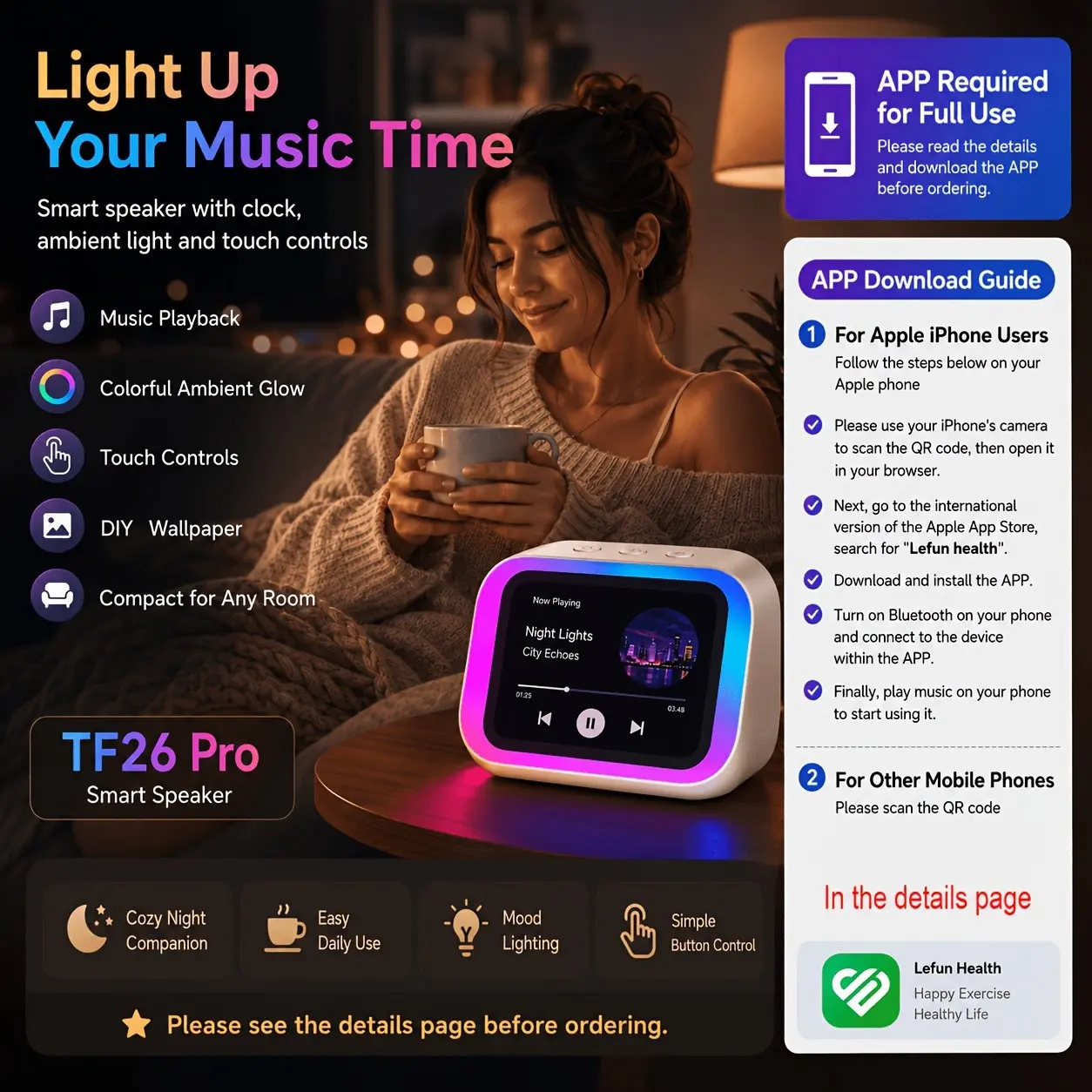 TF26 Pro Smart Speaker Alarm Clock with RGB Light, HD Touch Screen Bedside Digital Clock with Weather Display, Wireless Speaker with Hi-Fi Stereo Sound, Touch Control, Wallpaper, for Bedroom