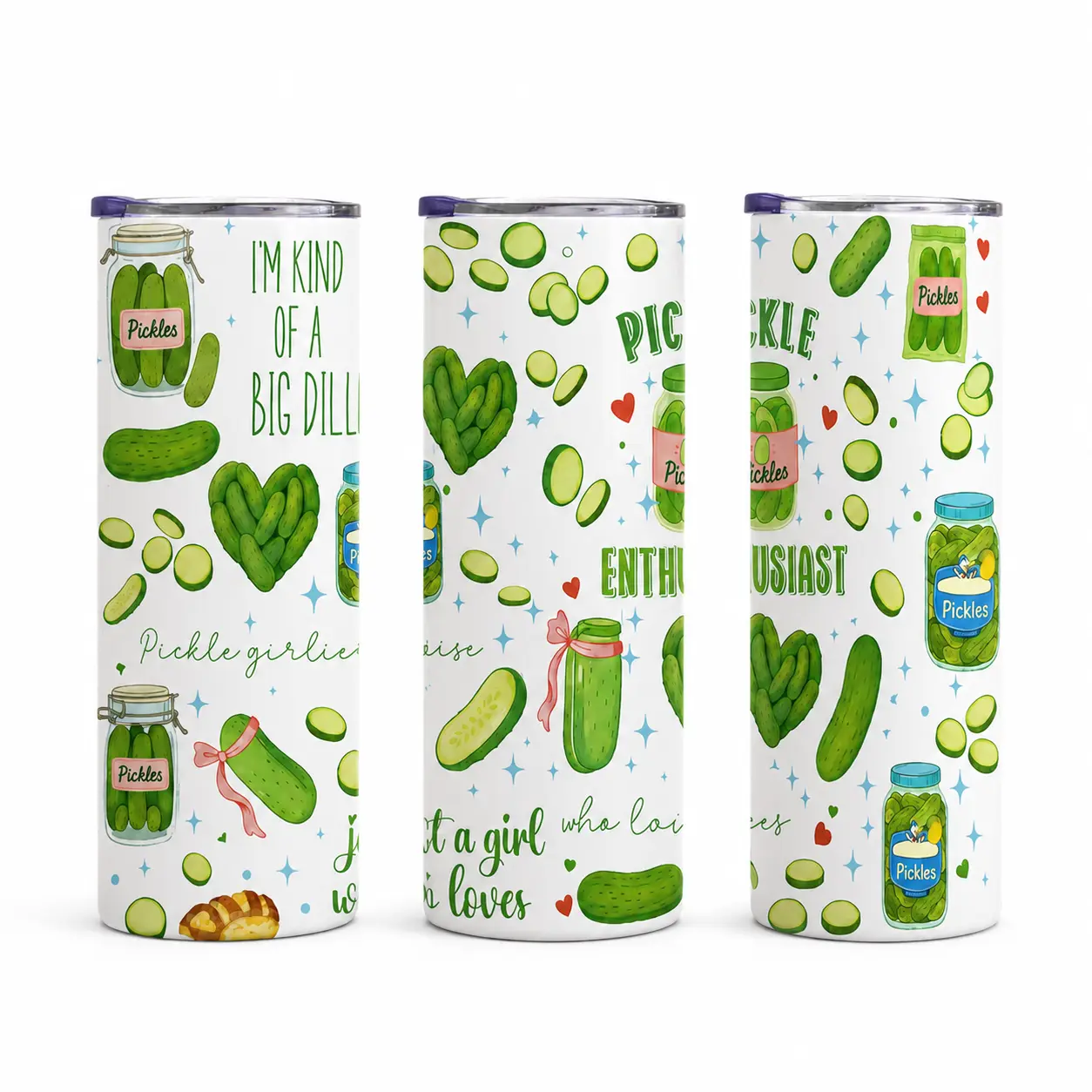 Funny Pickle Lover 20oz Skinny Tumbler with Straw, Stainless Steel Insulated Travel Cup, Cute Pickle Print Drinkware Gift for Women Friends
