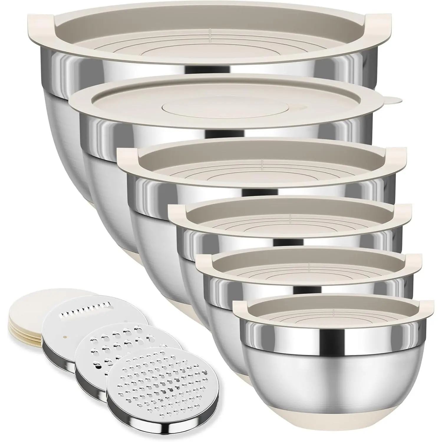 6-Piece Multi-Size Heavy Weight Functional Stainless Steel Mixing Bowls Set with Lids - Kitchen Supplies for Home Use, 3 Grater Attachments, Non-Slip Bottoms  baking party dinnerware manual silicone silverware hole cutlery stackable unbreakable round