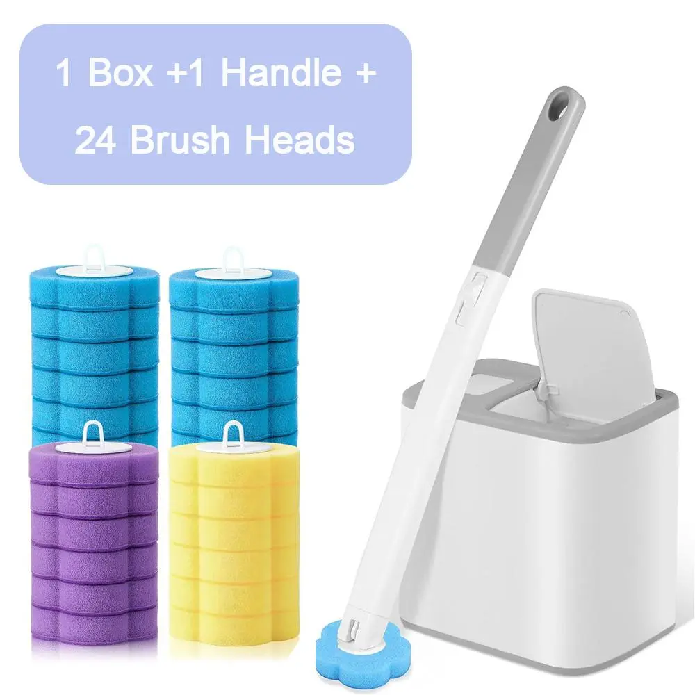 Disposable Toilet Bowl Wand Cleaning Scrub Set with Wall Mount Storage, 24 Handle+Refills, Multi-Function Tool for Bathtub/Sink, Urinal, Drain & Basin Wall-Hanging Scrubber Brush