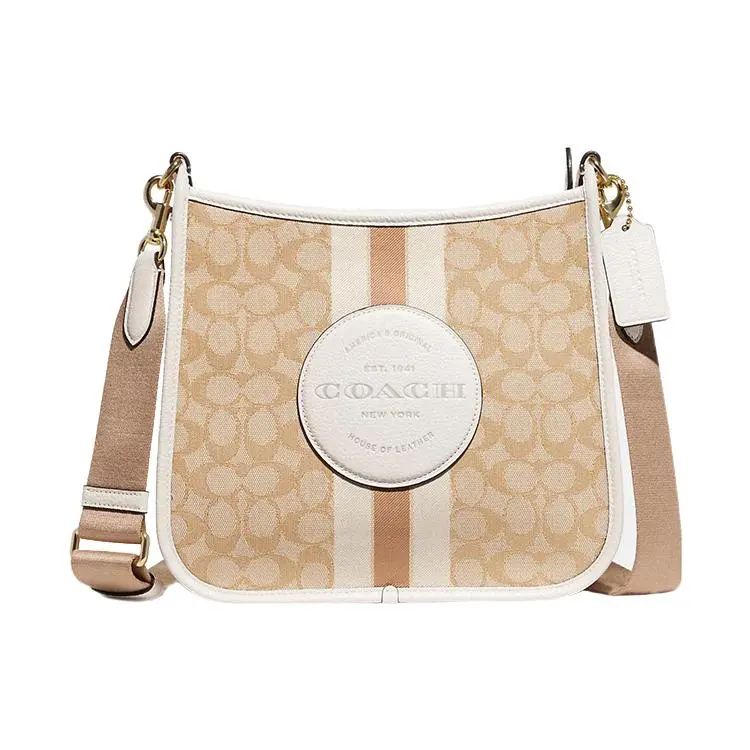 COACH Dempsey 27 Striped Logo-Embellished Classic Monogram Jacquard and Pebbled Leather Crossbody Bag for Women, Large, Light Khaki and White