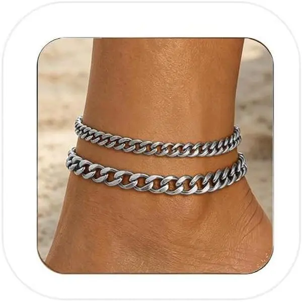 2 count Stainless Steel Ankle Bracelets for Women Non Tarnish  Layered Chunky Cuban Link Chain Anklets Beach  for Women  Accessories for Summer Outfits