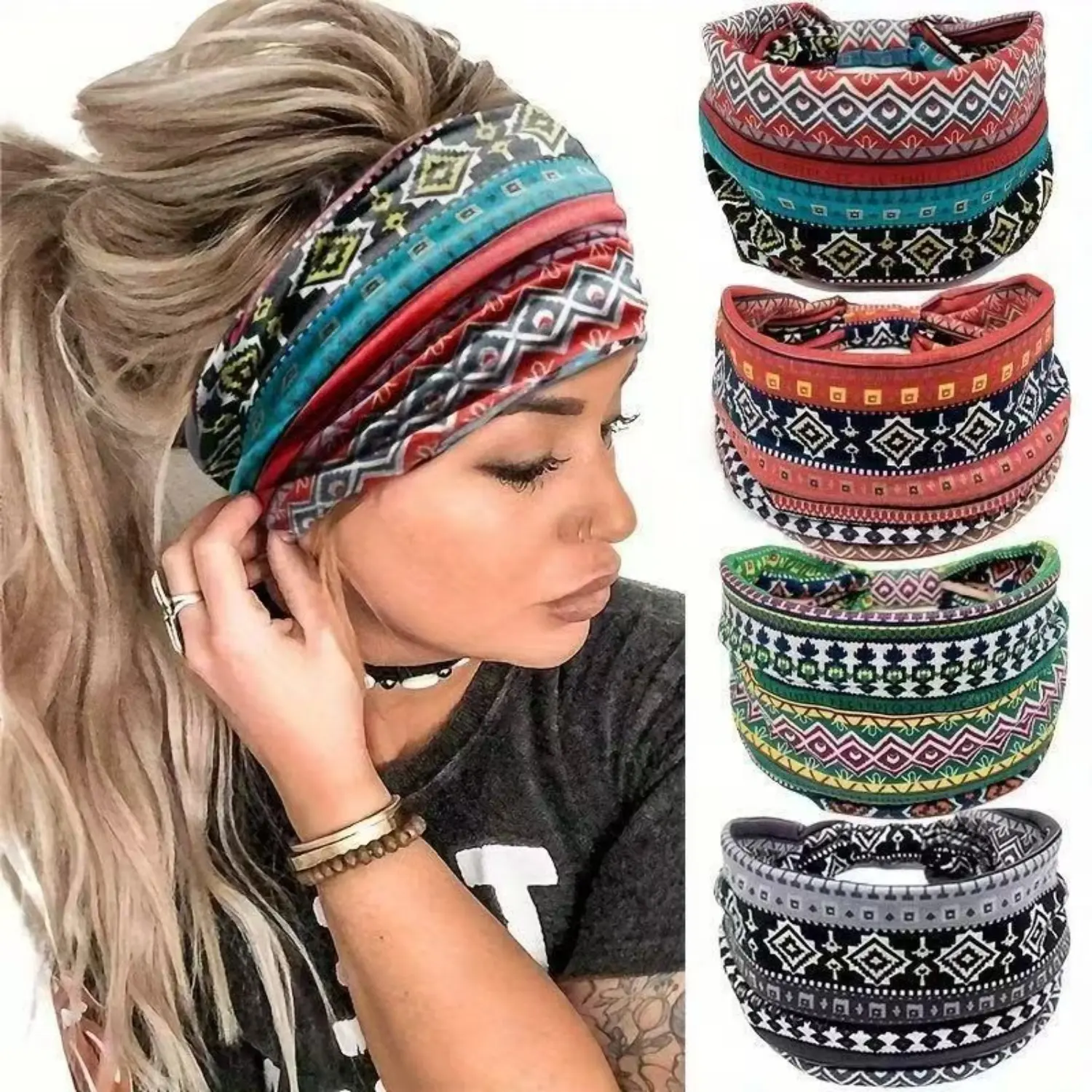 4 Pack Boho Headbands for Women Wide Bandana Hair Bands Vintage Aztec Geometric Printed Turban Elastic Southwestern Headwrap Non Slip Workout Yoga Running Festival Hair Accessories