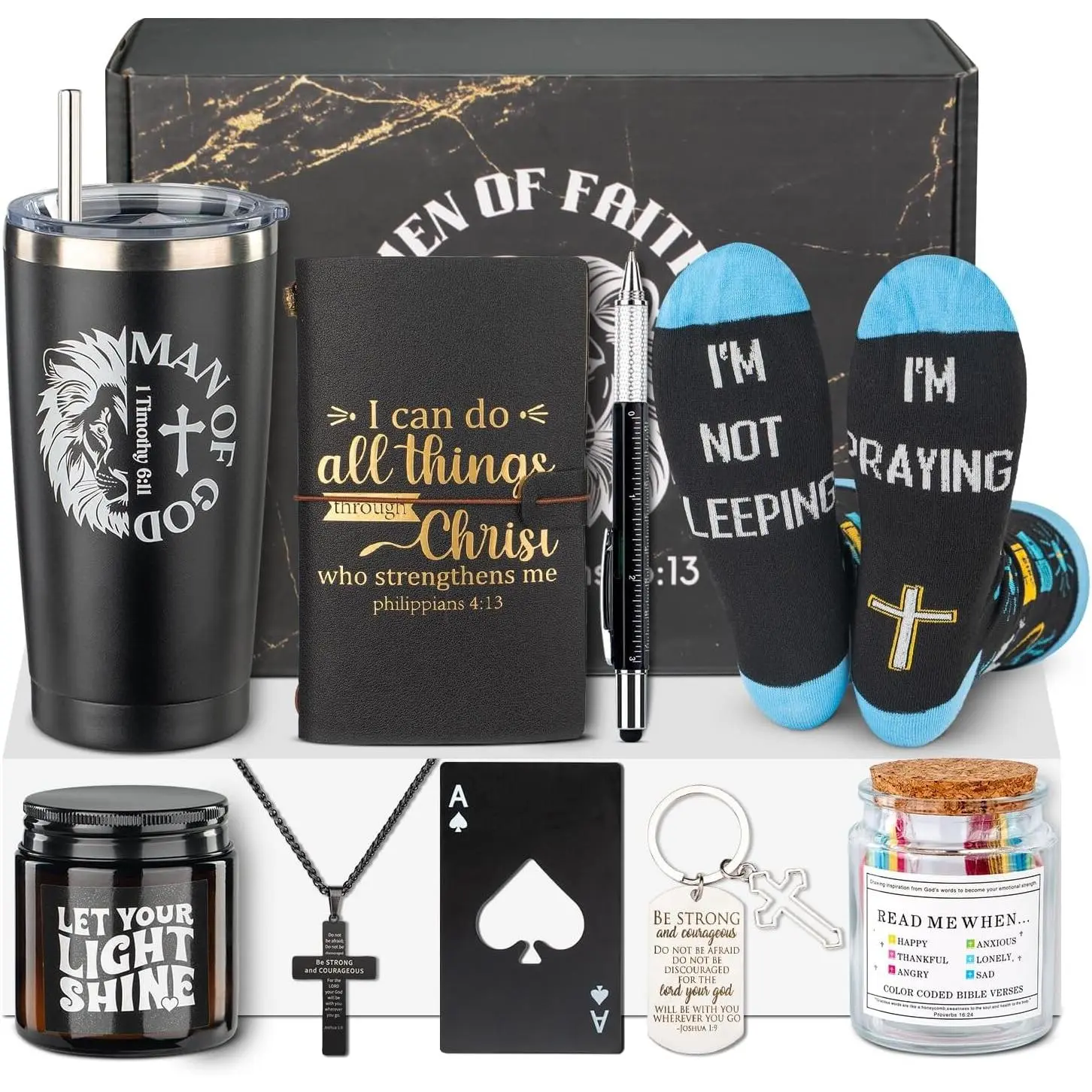 Christian Gifts For Men, Mens Fathers Day Basket Stuffers, Catholic & Religious Gift For Men, God,, Faith Based Gifts With Prayer Jar, Notebook, Encouragement Church Gifts For Pastor, Dad