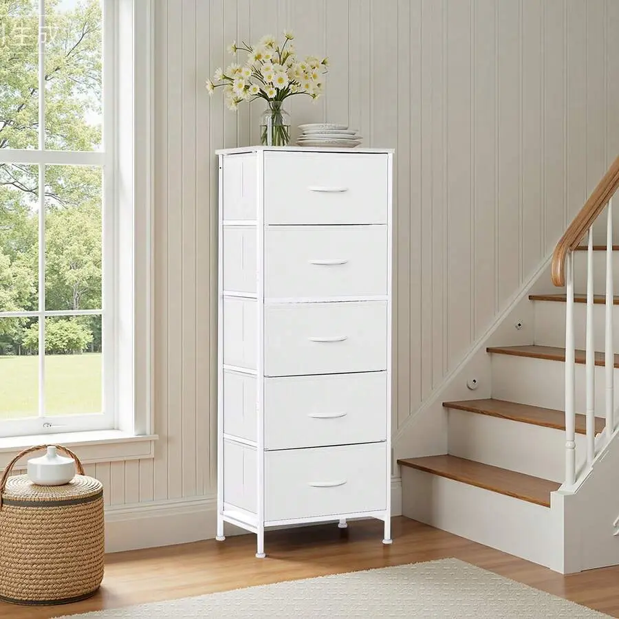 White 5-Drawer Dresser Drawer Unit - Sturdy Steel & Wood Frame, Wood Top, Adjustable ft, Slim Profile, Tool-Free Storage Organizer Chest for Bedroom, Closet
