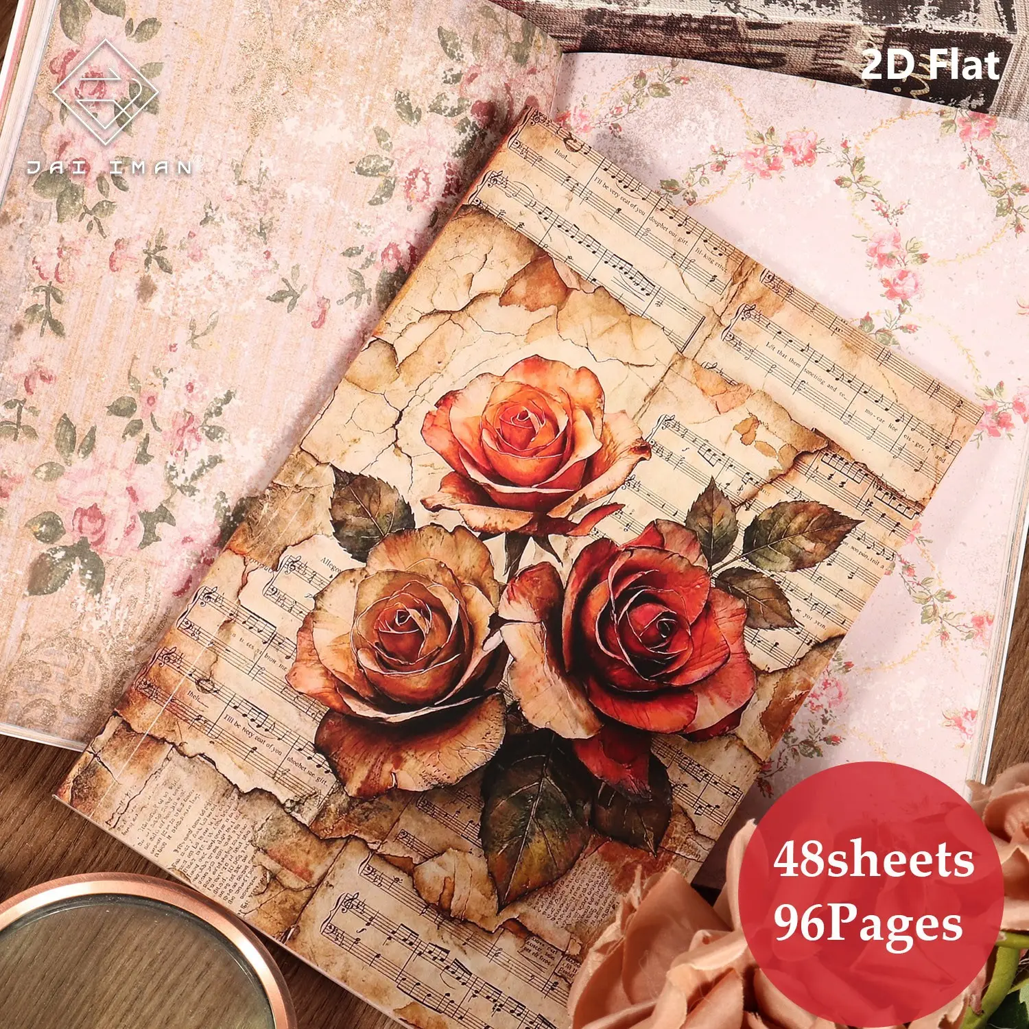 JAIIMAN 2D Flat A5 96pages (non-repeating patterns) Color Pages Victorian Shabby Chic Roses Junk Journal Writable Notebook, DIY Notebook, Small Floral Print Todo-list Book, for Scrapbooking, Office Use, Paper Craft, Surprise and Travel Notebook