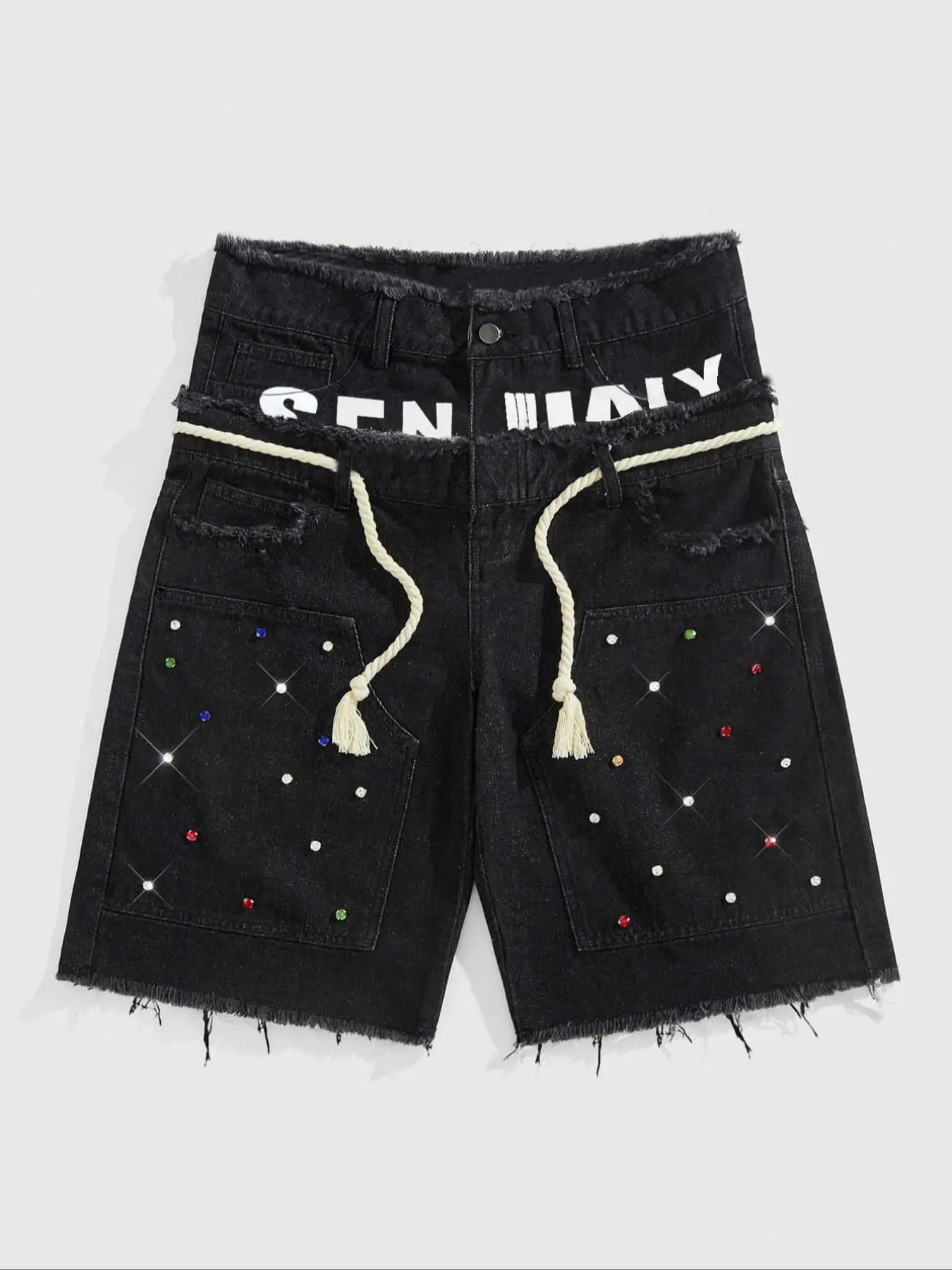 Y2K Gothic Multi Color Crystal Rhinestone Denim Shorts, Double Layer Waist, Frayed Raw Edge, Drawstring, Street Style Shorts, Hip Hop Loose Jean Shorts for Men
