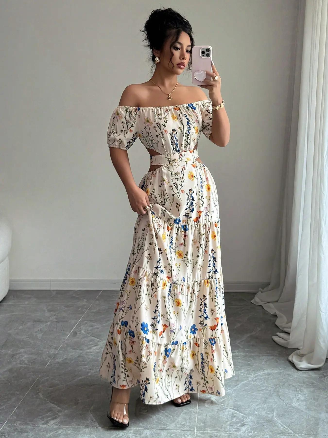 Women's Floral Print Off-Shoulder Maxi Dress, Bubble Sleeves & Waist Slit Design, Perfect Summer for Vacation Parties, Bohemian Style, Boho, Casual Wear Tie Front Comfortable Fit Blazer Midi Skirt Breathable