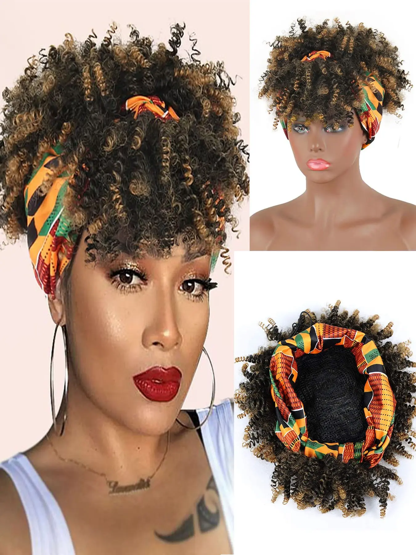 Short Afro Kinky Curly Wigs for Women, Natural Curly Headband Wig with Bangs, Synthetic Curly Wigs with Head Wrap 2 in 1, Turban Wigs, Kinky Synthetic Hair