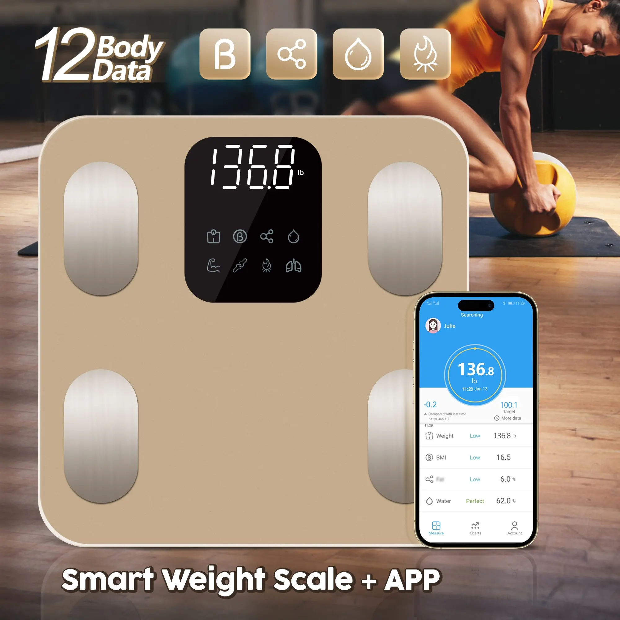 1PS Smart Body Fat Scale, App Sync, Track Body Weight, Fat, Muscle & BMI, Tempered Glass Body Weight Scale for Health Tracking, 220lb, Ideal for Home Gym, Fitness Training & Daily Weight Management, Smart Scale with BMI