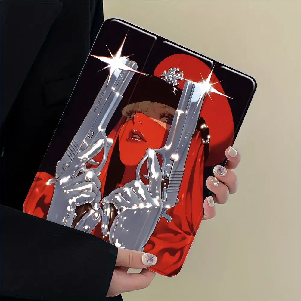 90s Retro Anime Gun Girl Acrylic Tri-fold iPad Case with Pencil Holder, Shockproof Cover for iPad 7.9/8.3/10.2/10.5/10.9/11/12.9/13 inch, Vintage Red Aesthetic Art for Cartoon Fans, Perfect for Office & Coffee Shop