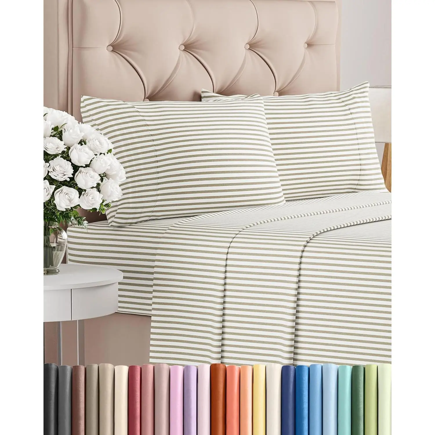 Queen Size 4 Piece Sheet Set - Breathable & Cooling Sheets - Beige Stripes |   Hotel Luxury Bed Sheets for & Men, Deep Pockets, Easy-Fit, Soft and Wrinkle Free Sheets, Oeko-Tex Bed Sheet Set