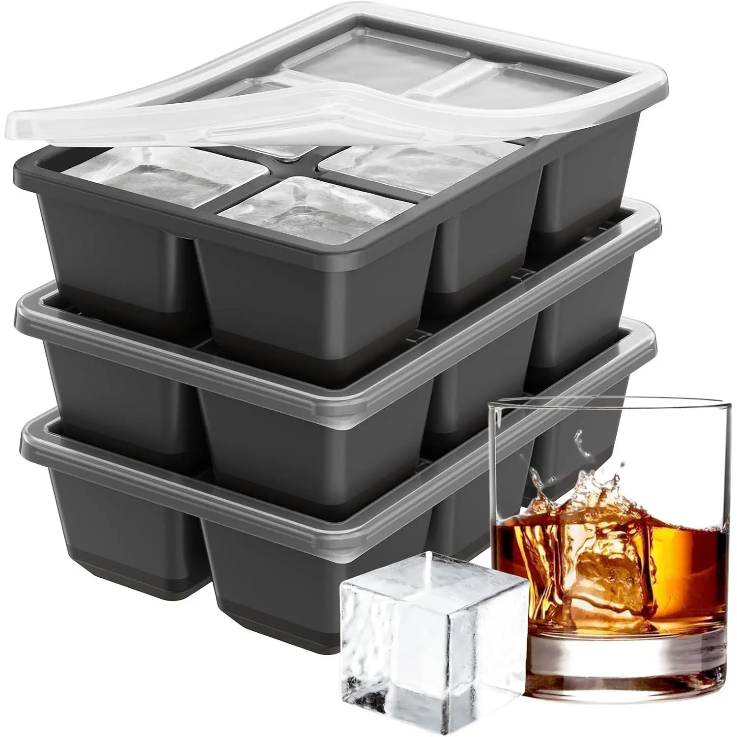 Large  Molds, 3 Pack  Square Ice Molds, 1.8 Inch Big  Tray, Stackable  Ice Tray with Lid, Easy to Release (Grey)