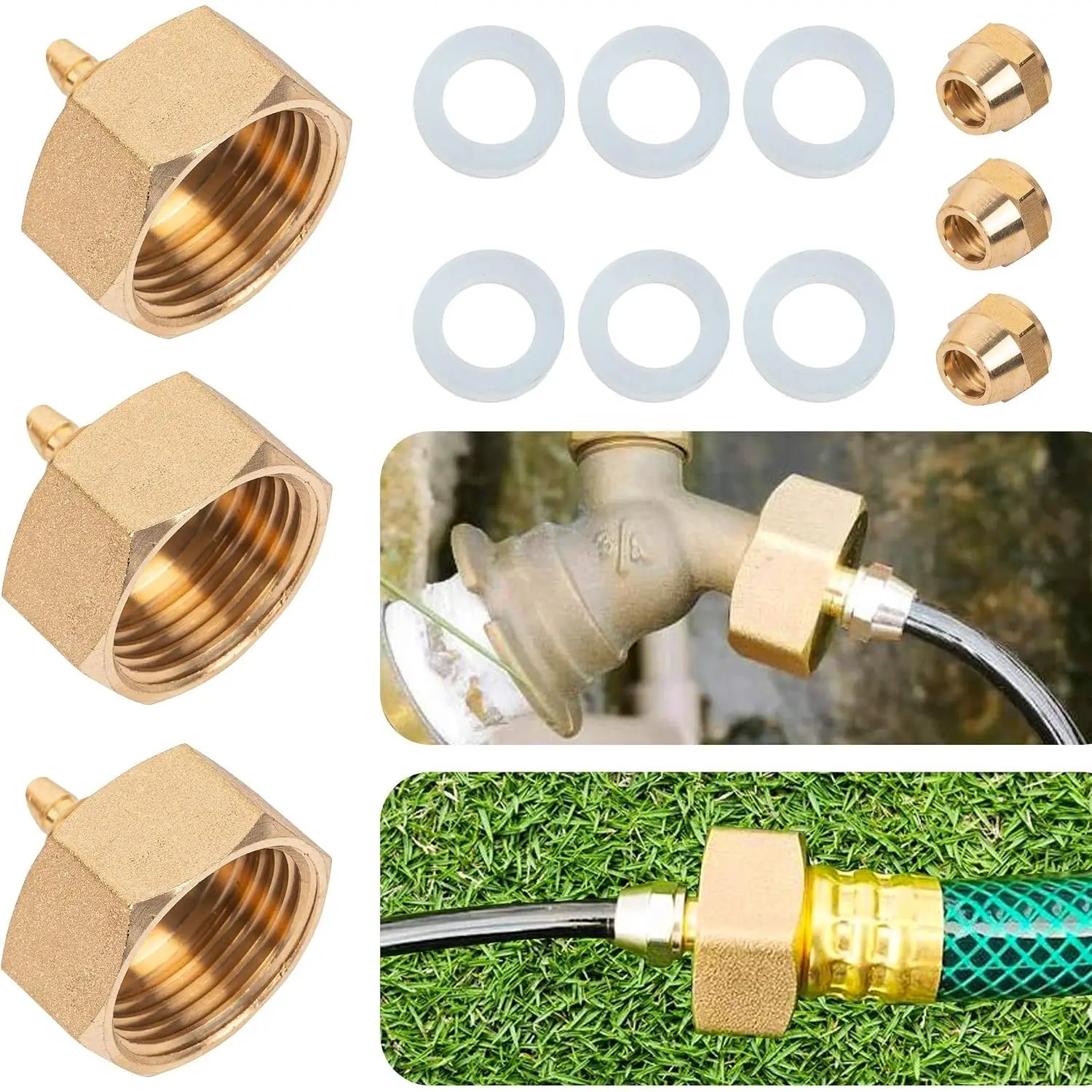 Garden Hose Adapter, Brass Standard 3/4" Female Thread to 1/4" Tube Adapter for Water Hose, Convert 3/4" Garden Hose to 1/4" Tube, 3 Set
