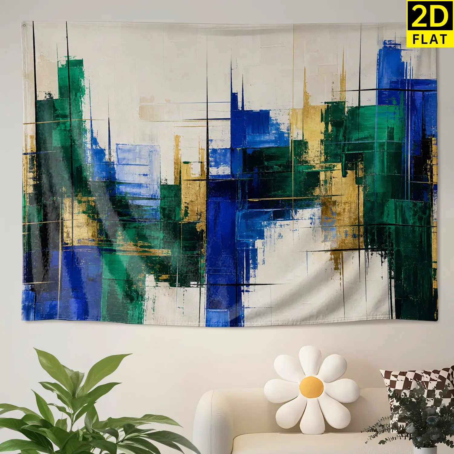 Abstract Blue Green And Gold Geometric Wall tapestry, Large size Printed Horizontal Tapestry blanket, Polyester Fabric Wall Hanging for living room, office, No Installation Required, Indoor, Outdoor, Gift for Family and Friends