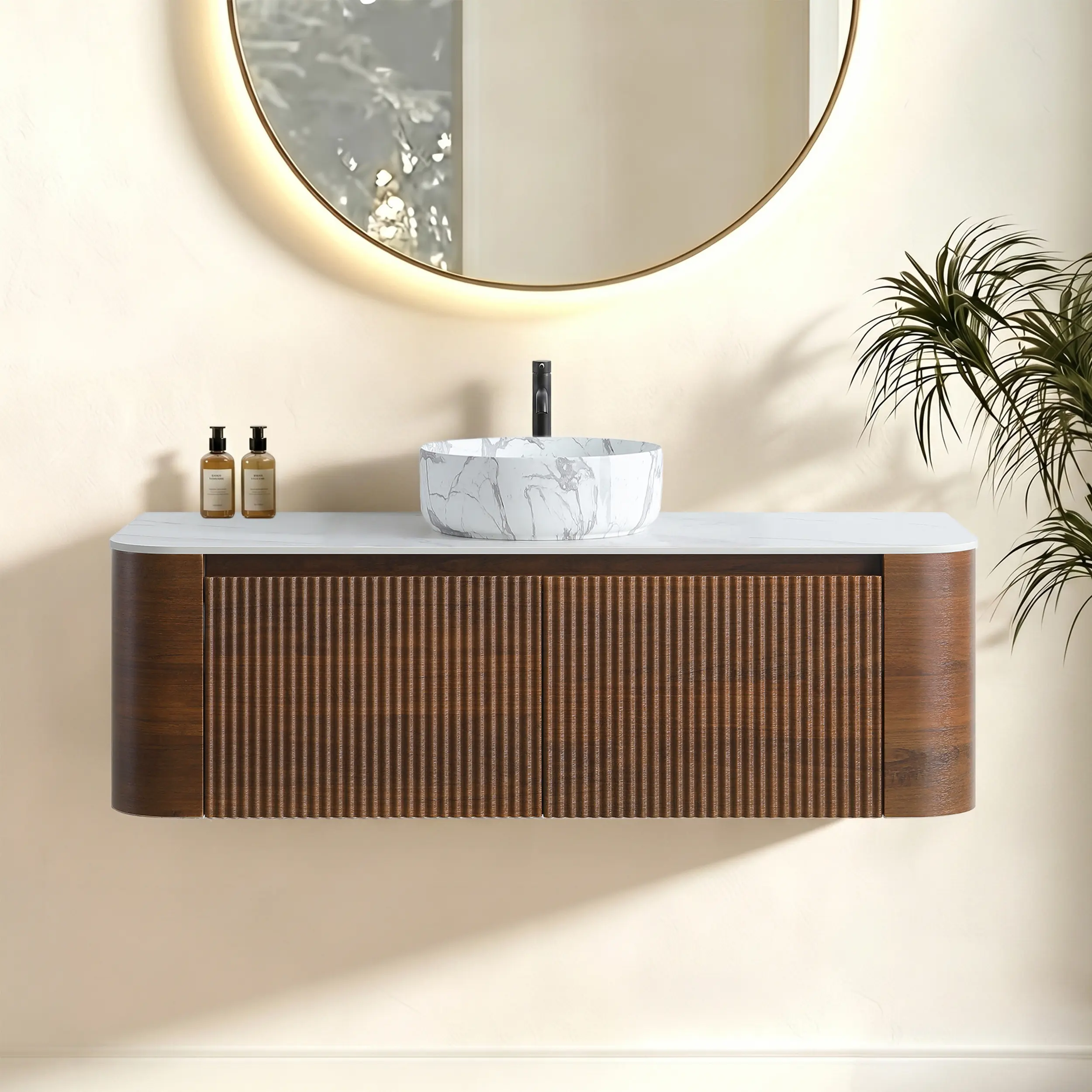 Nokaa 48 Inch Bathroom Vanity with Sink, Walnut Floor Cabinet, Carrara White Ceramic Basin, Soft-Close Drawers, Sintered Stone Countertop, Towel Rack Included, Pre-Assembled, Single Sink Combo for Family Bathroom Villa Hotel