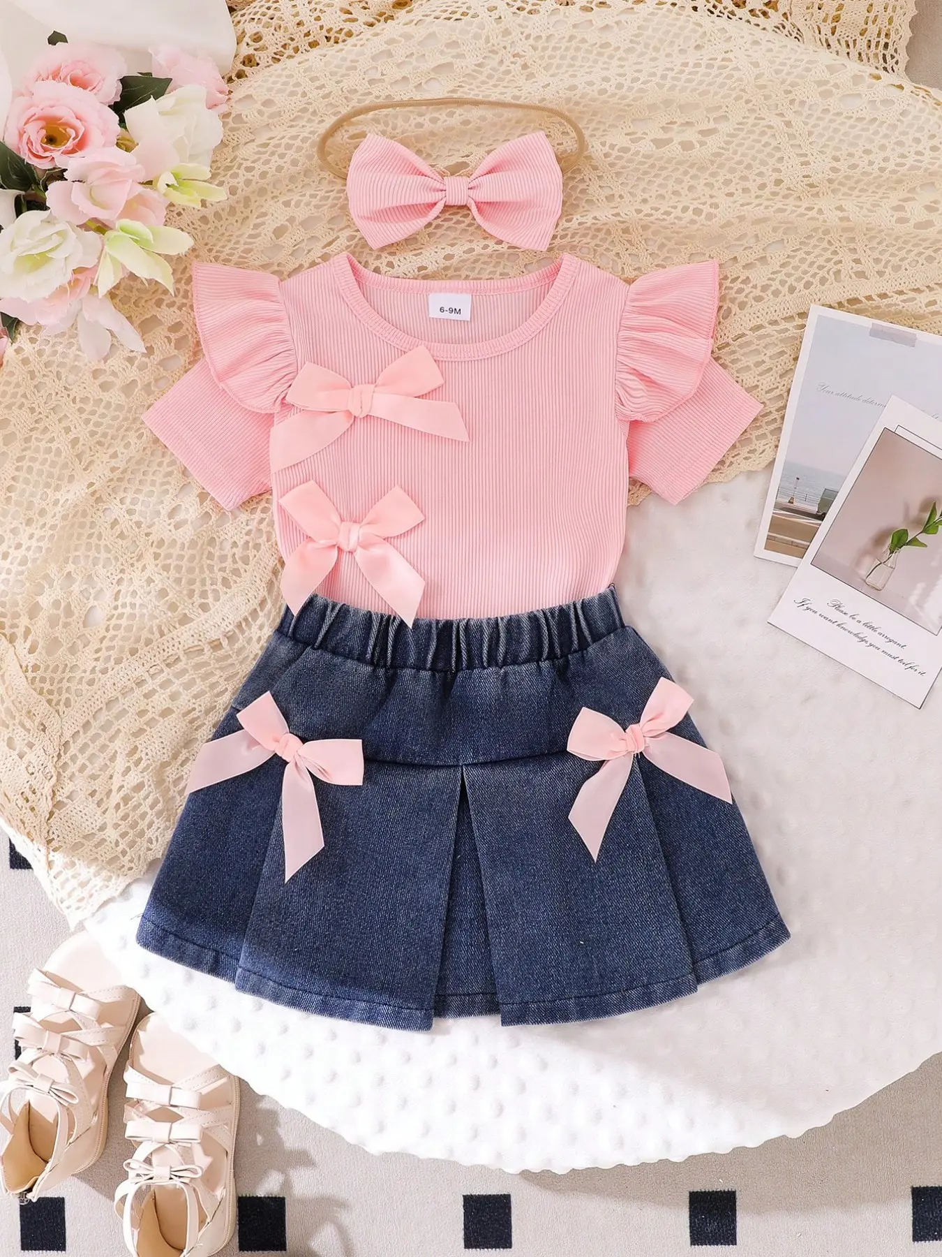 3-Piece Baby Girl Fashion Set, Ribbed Ruffle Sleeve Top, Bow Decorated Elastic Waist Jeans Skirt, Bow Hairband