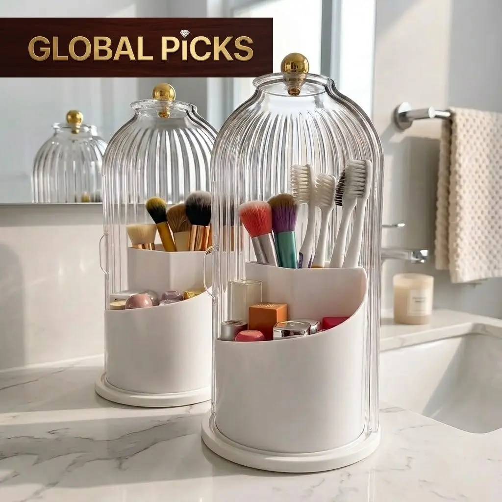 360 degree rotating cosmetic organizer, dustproof toothbrush holder with lid, pen holder, makeup supply storage, Bathroom Vanity Organizer