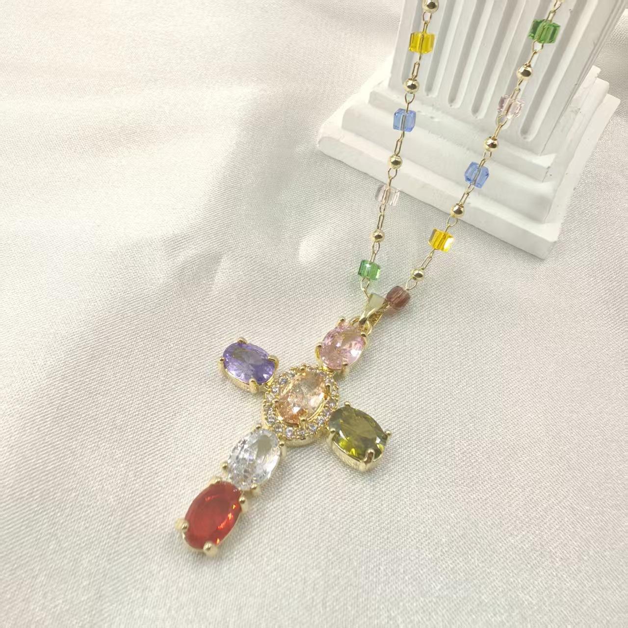 Colorful Zircon Cross Pendant Necklace, Rainbow Crystal Beaded Chain Dainty Gold Plated Necklace, Vintage Y2K Religious Cubic Zirconia Necklace for Women, Adjustable Fashion Jewelry for Daily Party Gift