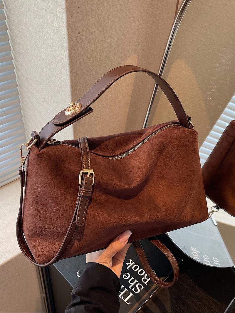 American Minimalist Vintage Suede Top-Handle Bag, Zipper Closure, Versatile Daily Handbag for Work & Casual