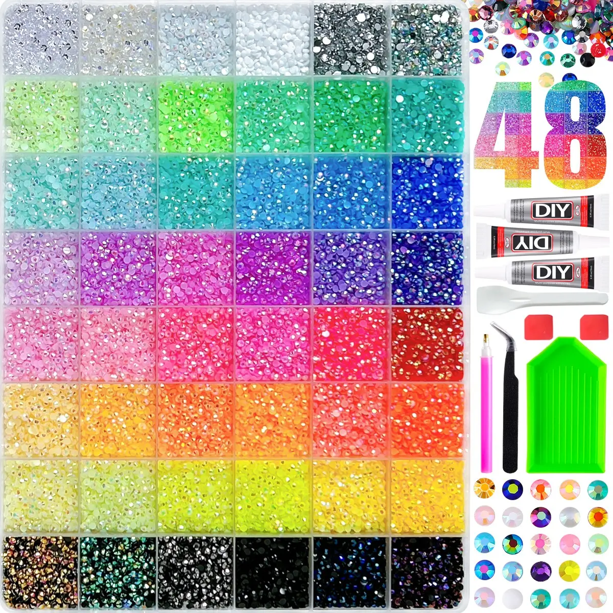 Every rainbow tone rhinestones for DIY jewelry，Easy bling DIY with complete rhinestone kitShiny Rainbow Color 48-Grid Ab Rhinestone Set, Multi-Color Mixed, DIY Tools Kit, Nail Art & Craft Decoration, Includes Glue, Tray, Pen