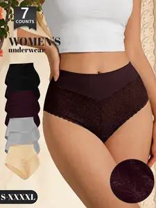 7 Pcs Women's Lace High-Waisted Thong Underwear, Soft Breathable Comfortable Fitted Triangle Panties, Multi-Color Invisible Sexy Lingerie, Soft Stretch Panties, Soft Comfy Panties, S-Xxxxl