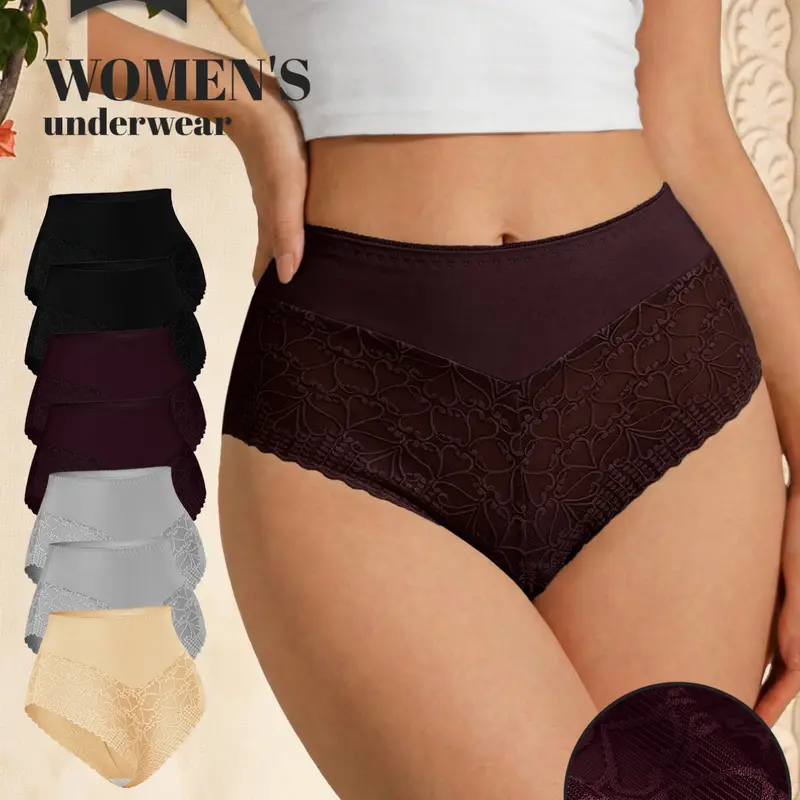 7 Pcs Women's Lace High-waisted Underwear, Soft Breathable Comfortable Fitted Briefs, Sexy Stretch Lingerie, Soft Stretchy Briefs, High Waisted Panty