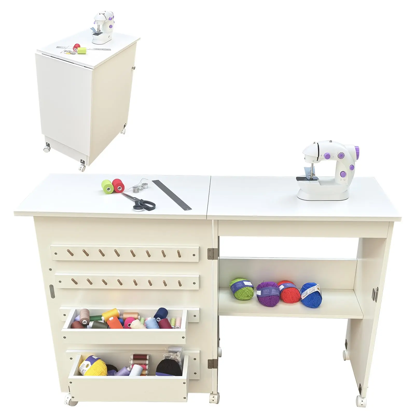 Garvee Folding Sewing Table and Multipurpose Craft Station with Compact Design, Wheels for Mobility, Storage Shelves, Trays, Wooden Pegs, and Magnetic Doors - Ideal Side Desk for Organized Crafting