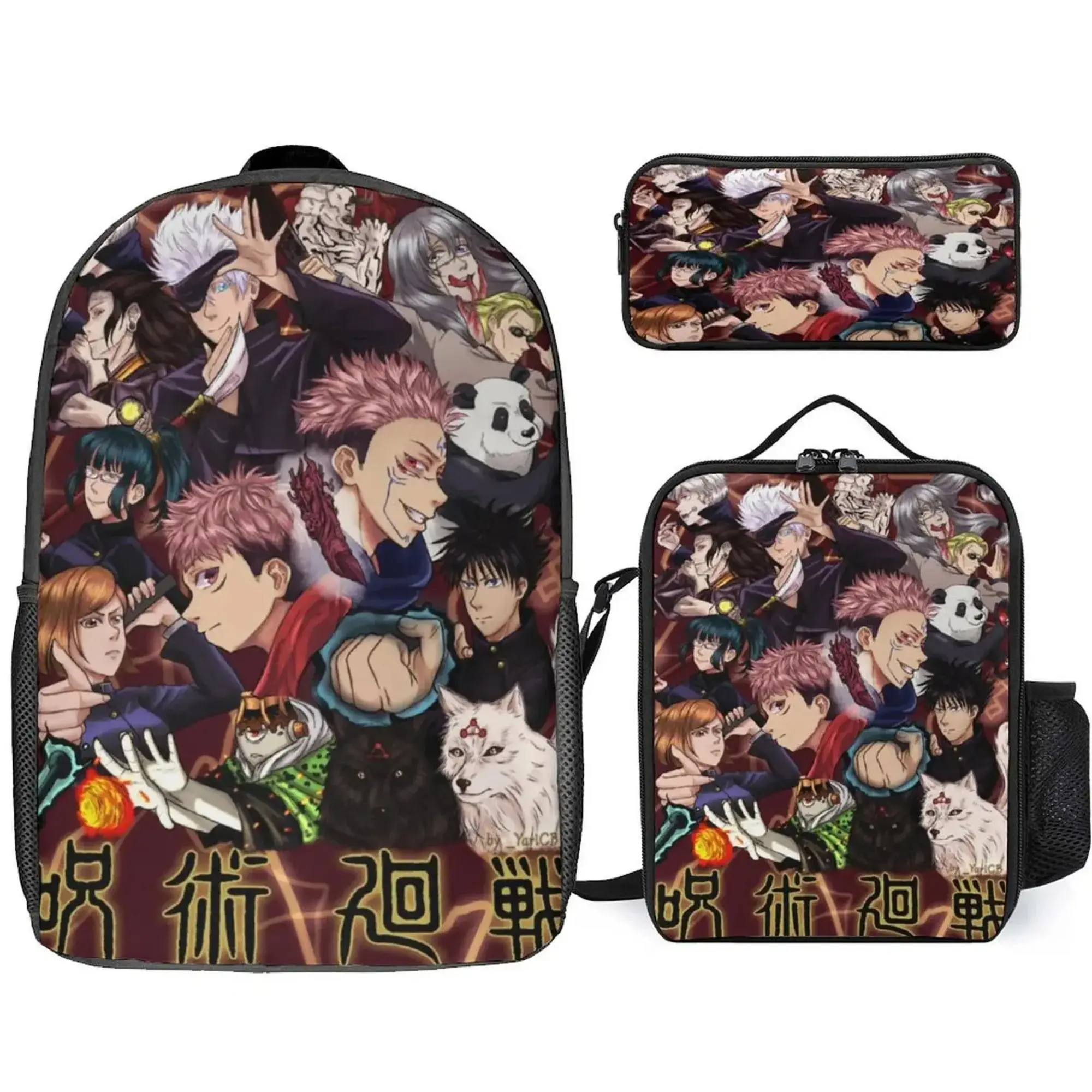 Jujutsu Kaisen Character Backpack Set, 3-Piece Novelty Graphic School Bag with Insulated Lunch Box & Pencil Case for Kids Teens, Back to School, Back To School Haul, Anime Manga Backpacks