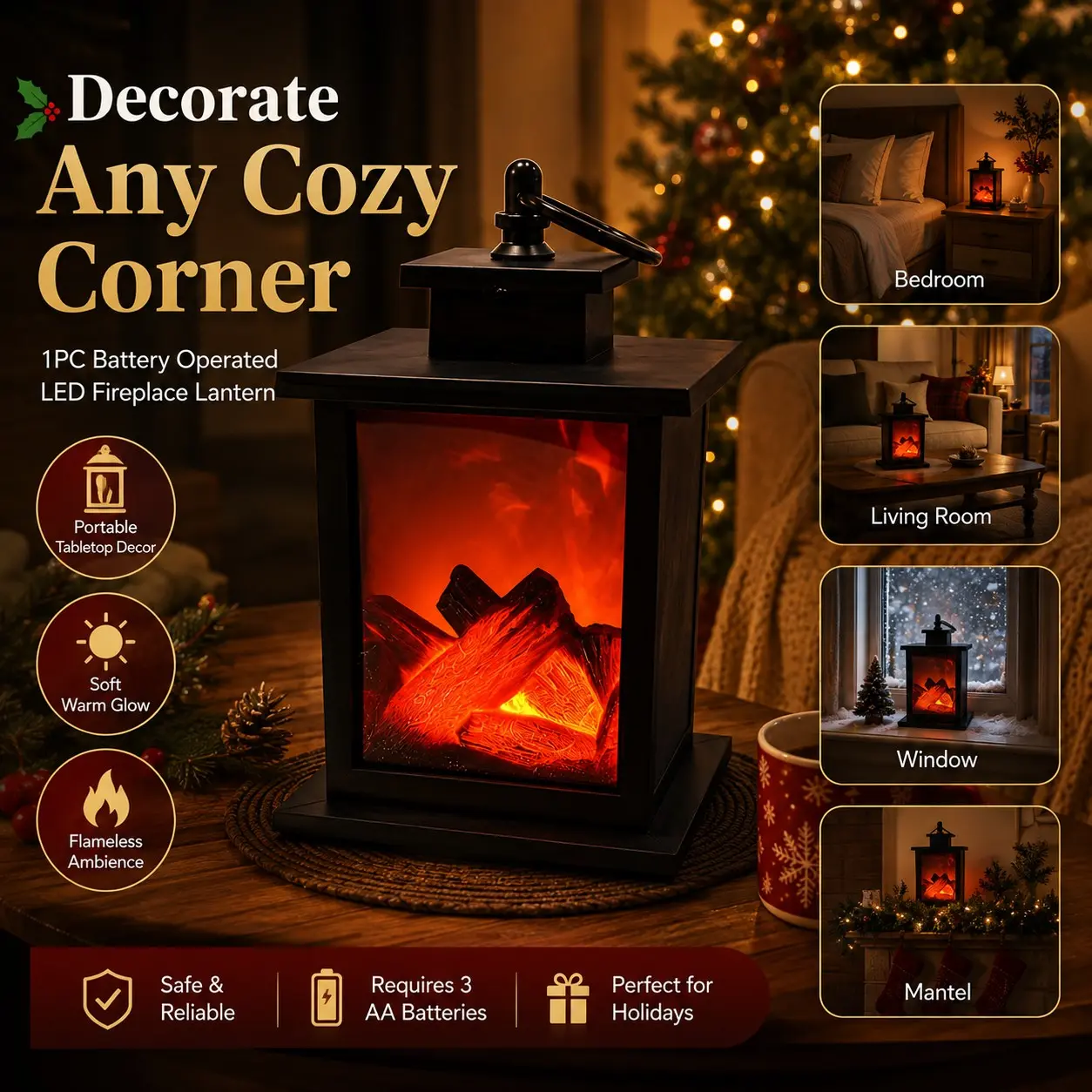 LED Christmas Fireplace Lantern, Portable Battery Operated Flame Effect Night Light, Flameless Tabletop Stove Decor for Bedroom, Living Room, Mantel and Holiday Gift