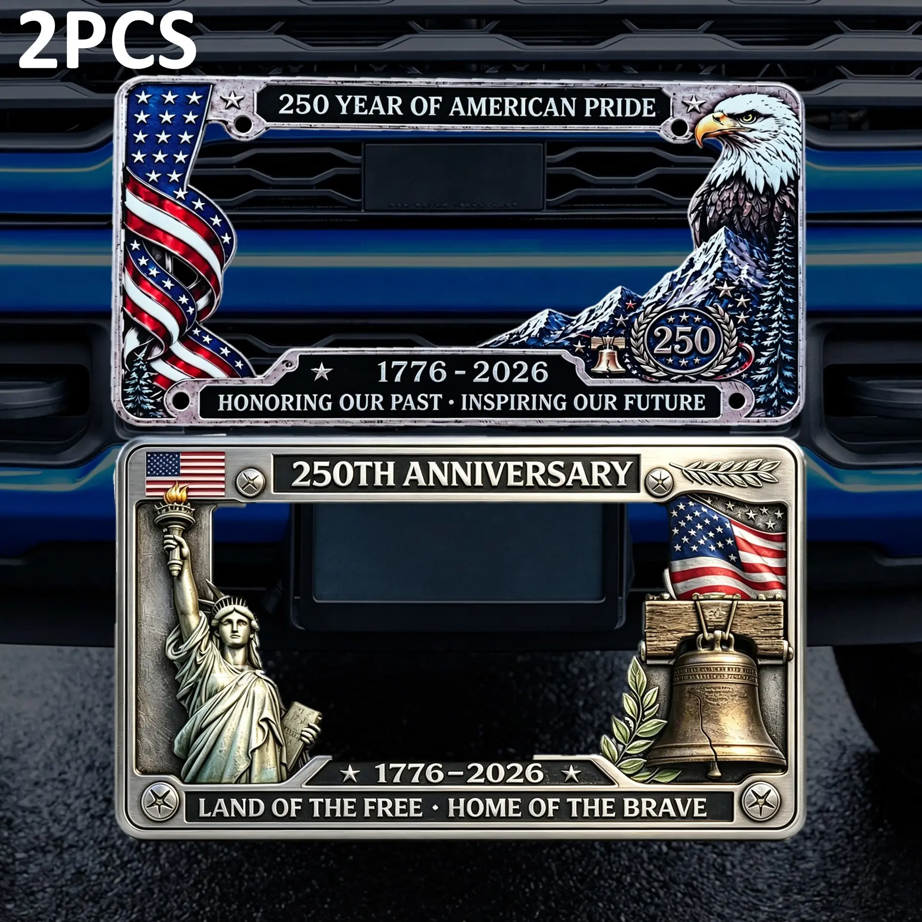 Patriotic License Plate Frame, 3D Vintage Statue of Liberty & Liberty Bell Design, Durable Metal Car Tag Holder, American Flag Decorative Frame for US Standard Plates, Weather-Resistant Car Accessories