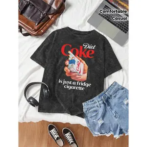 Diet Coke Is Just A Fridge Cigarette Women Letter Print Summer Trendy Drop Shoulder Sleeve High Quality Thick Heavyweight Oversized Vintage Distressed Pure Washed Craft Round Neck T Shirt Street Style Loose Hip Hop Top Short Sleeve Shirt