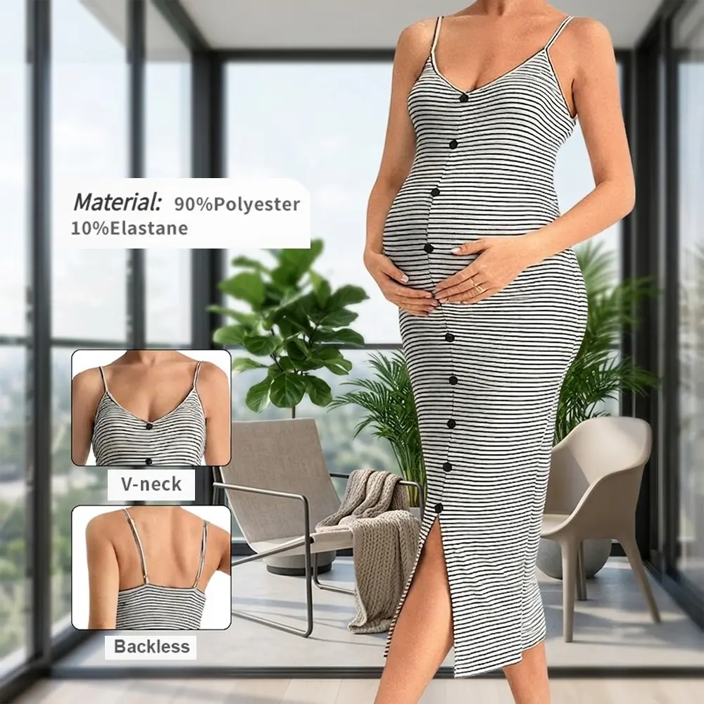 MUSBUY Women's Anti-Pilling Cotton Blend Striped Stretchy Maternity Bodycon Midi Dress - V-Neck Cut, Spaghetti Straps, Backless Detail, Side Slit, Slim Fit for Baby Shower Events, Bodycon Dress, Sleeveless clothing apparel, Mid-Length