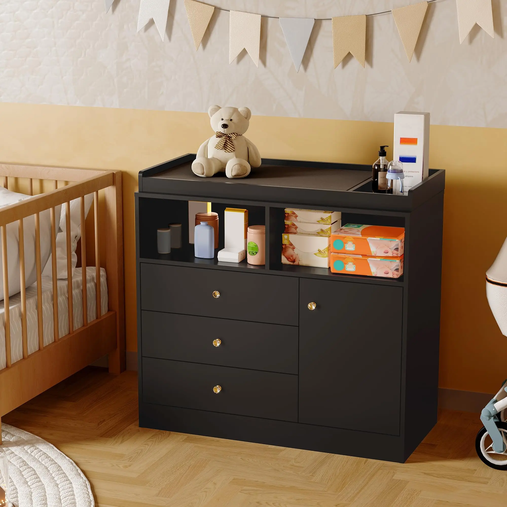 Modern Nursery Dresser and Changing Table – 3 Drawers, 2 Open Shelves, Cabinet – Wooden Diaper Changing Station for Bedroom, Kids Room – Ample Storage, Black/White